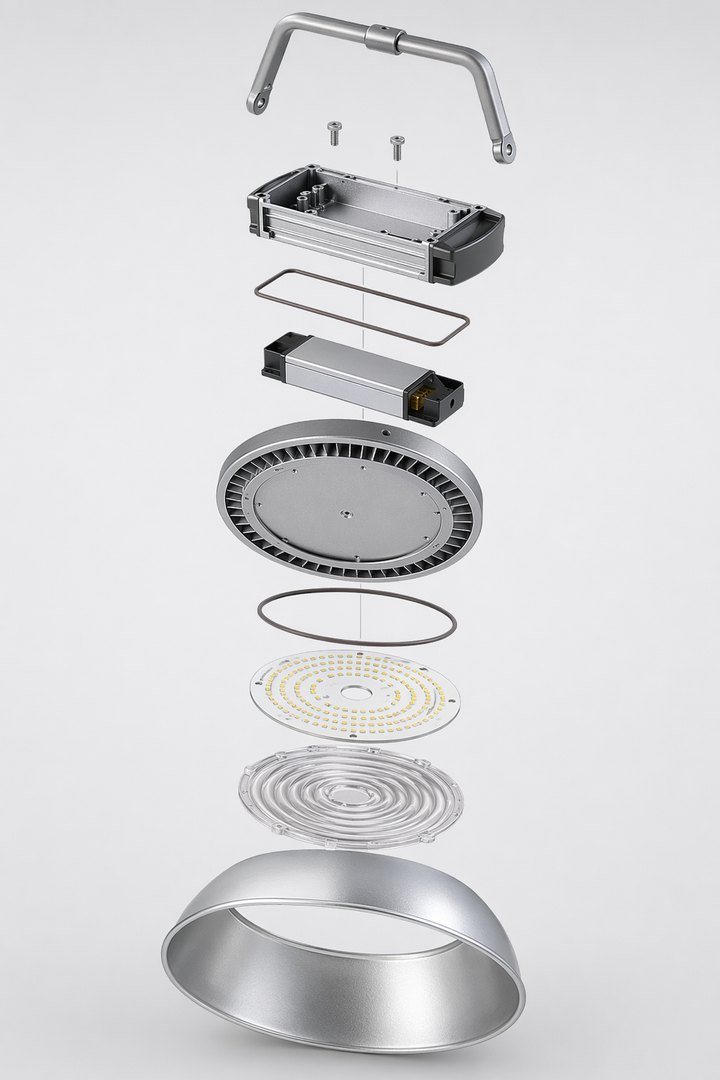 Sunjoylight LED high bay exploded view — adjustable bracket, die-cast aluminum housing with radial heat-sink fins, built-in power driver, waterproof silicone seals, SMD LED board, optical PC lens, and polished aluminum reflector