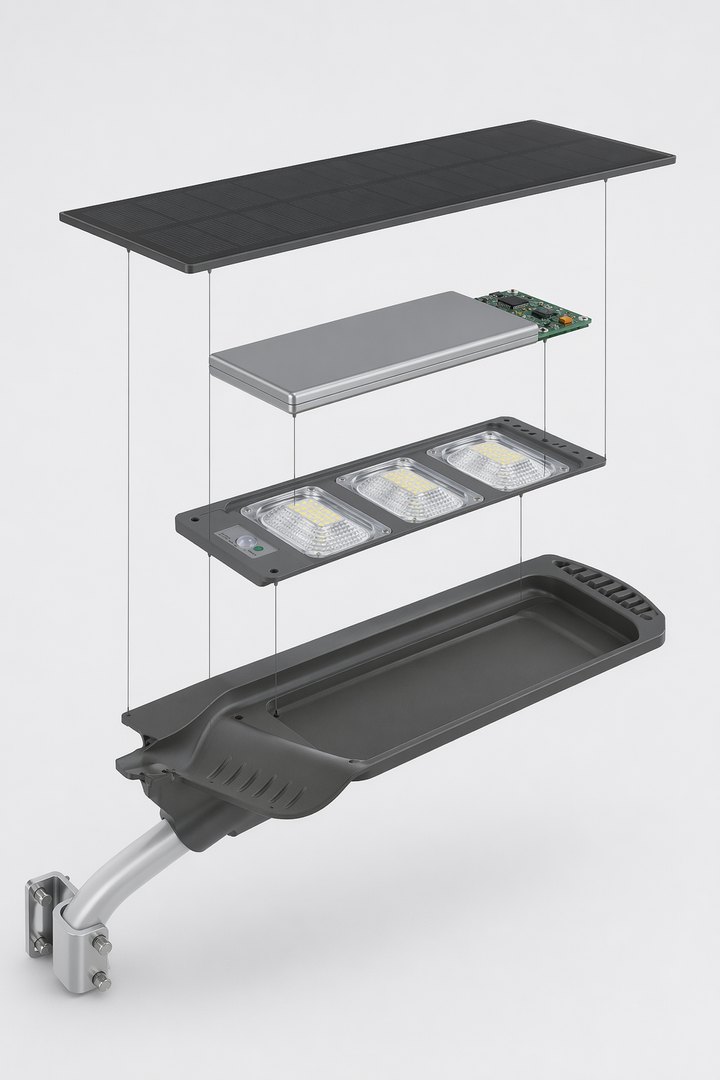 Illustrative exploded structure of an all-in-one solar street light — solar panel, battery and controller module, LED panel, and die-cast housing