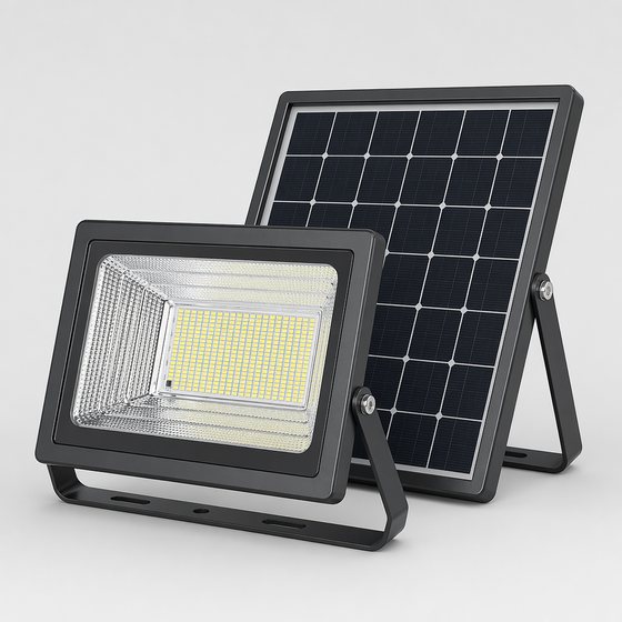 Illustrative render of a solar flood light with a separate panel on its own bracket, aimed at a target area