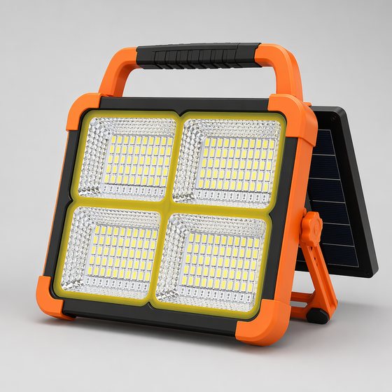 Illustrative render of a rechargeable portable work light with a folding stand and carry handle
