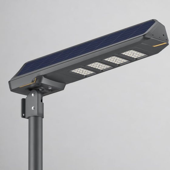 Illustrative render of an all-in-one solar street light — solar panel, battery and LED integrated into one pole-mounted body