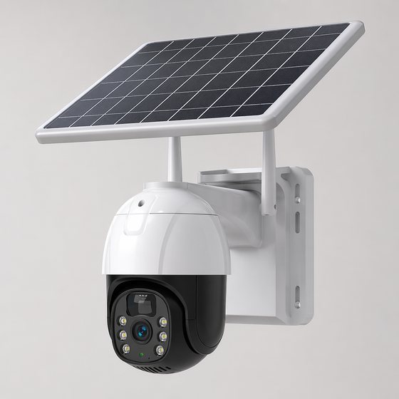 Illustrative render of a solar security camera light — pan-tilt camera and LED light on one pole-mounted unit