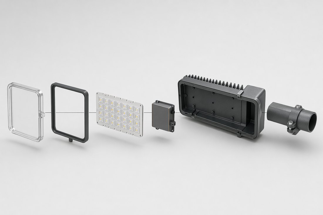 Sunjoylight LED street light exploded view — tempered glass cover, waterproof silicone gasket, lensed SMD LED board, power driver, finned die-cast aluminum housing, and tubular pole-mount arm