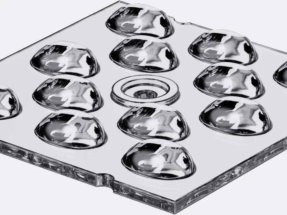 Polycarbonate optical lens array for a UFO LED high bay, a plate of individual beam-shaping lenses over the LED positions