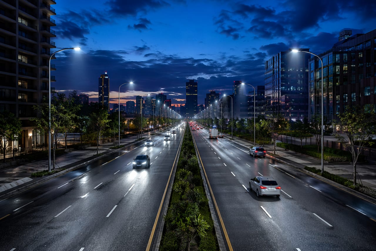 A city road evenly lit by Sunjoylight LED street lights at dusk