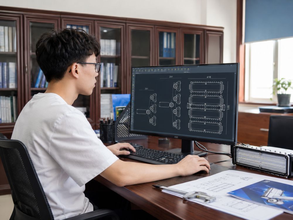 Sunjoylight LED lighting engineer working on photometric design and AutoCAD fixture drawing at the R&D office in Changzhou, China